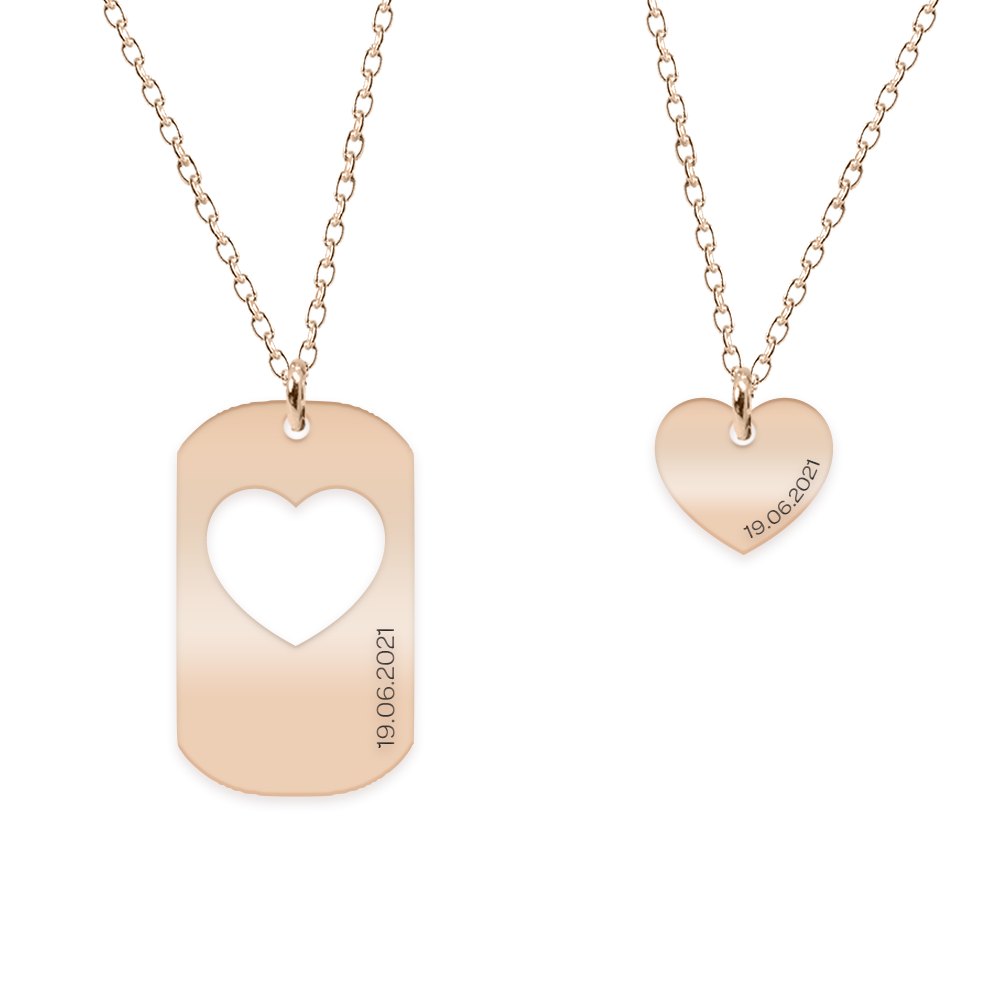 Aimer - Set coliere personalizate pentru cuplu cu dog tag si inima din argint 925 placat cu aur roz